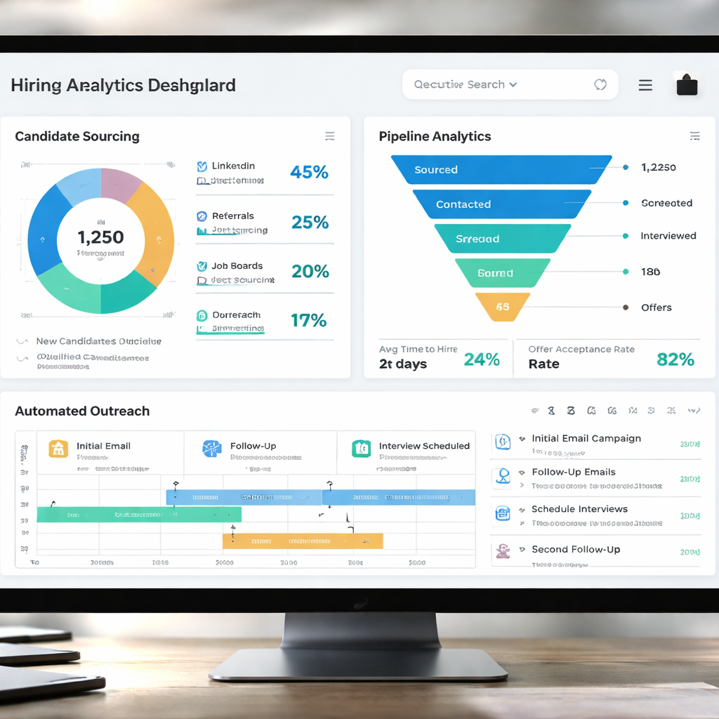 A realistic dashboard screen showing candidate sourcing, pipeline analytics, and automated outreach timelines, with clear charts and icons. Alt: AI hiring analytics dashboard overview for executive search