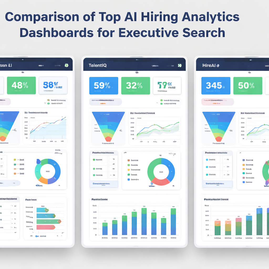 A realistic side‑by‑side comparison chart showing three dashboard screenshots with key metrics highlighted. Alt: Comparison of top AI hiring analytics dashboards for executive search