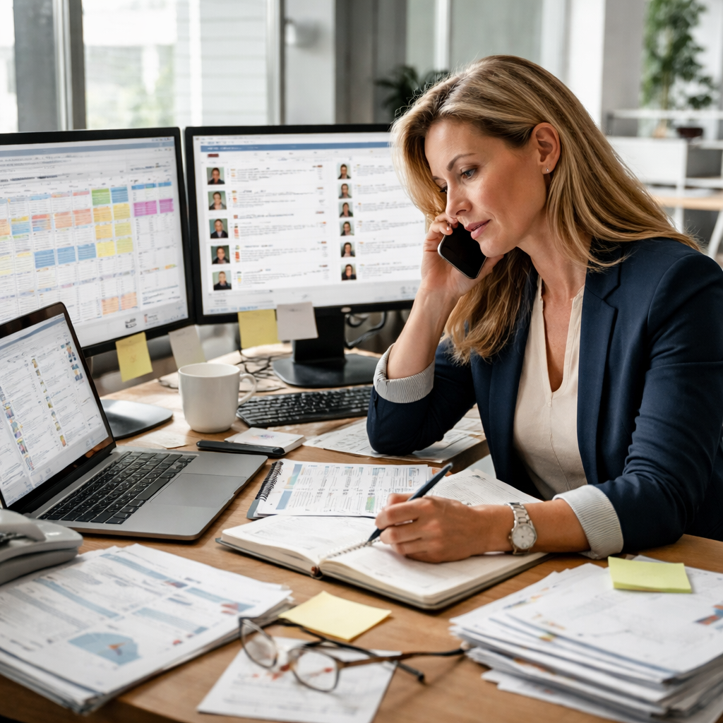 A realistic office scene showing an executive recruiter juggling multiple screens, notes and a calendar, highlighting the complexity of executive search workflows. Alt: executive search workflow challenges