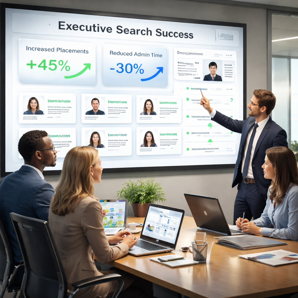 A realistic illustration of a successful executive search team reviewing AI‑generated candidate dashboards on a large screen, highlighting increased placement rates and reduced admin time. Alt: executive search success story visualization