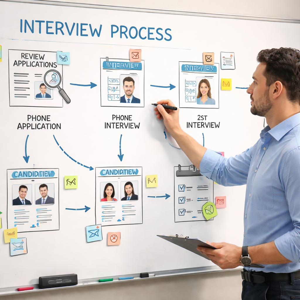 A realistic illustration of a recruiter mapping out interview steps on a whiteboard, showing calendar icons and candidate profiles. Alt: interview scheduling workflow visualization.
