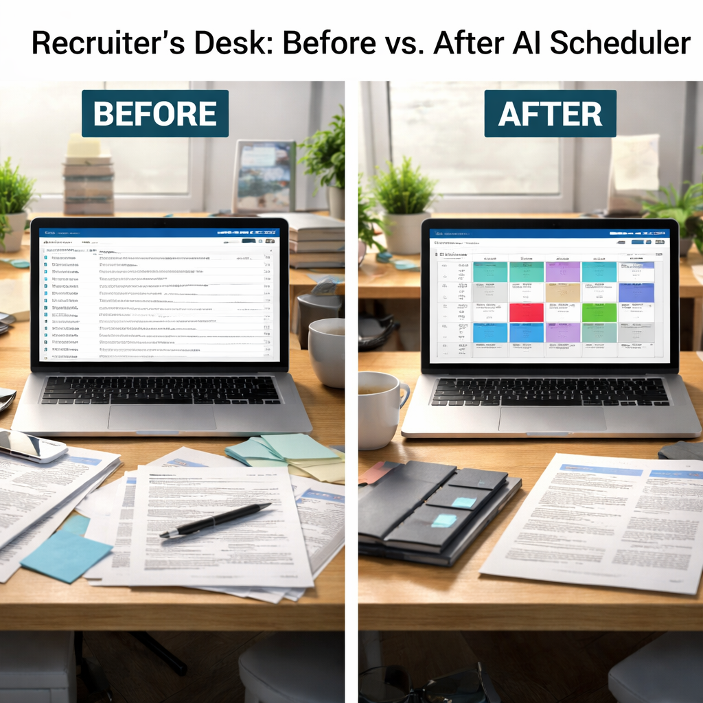 A realistic side‑by‑side chart showing a recruiter’s desk before and after using an AI scheduler, highlighting fewer emails and more calendar blocks. Alt: visual comparison of manual vs automated interview scheduling.