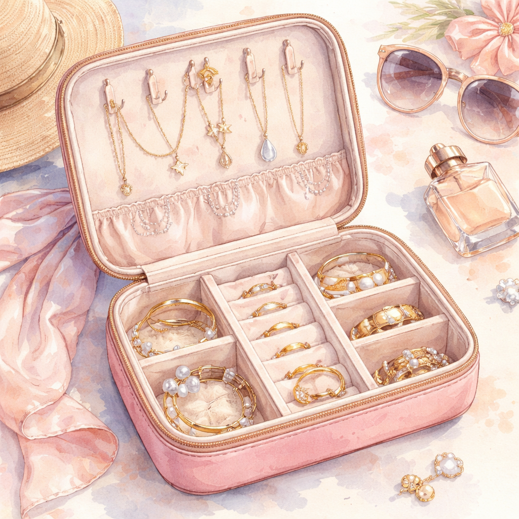 A watercolor illustration of a travel jewelry organizer with velvet and faux leather sections, opened to show compartments for necklaces, bracelets, and earrings, appealing to fashionable women planning a trip. Alt: diamond veneer travel jewelry organizer with soft lining and zip.
