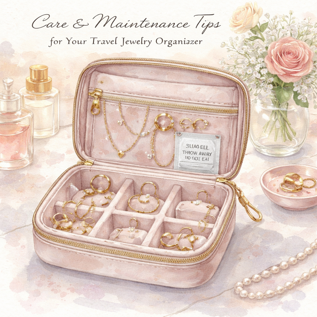 A watercolor illustration of a travel jewelry organizer open on a vanity, showing soft velvet lining, a zip, and a silica-gel packet inside. Alt: Care and maintenance tips for a diamond veneer travel jewelry organizer.