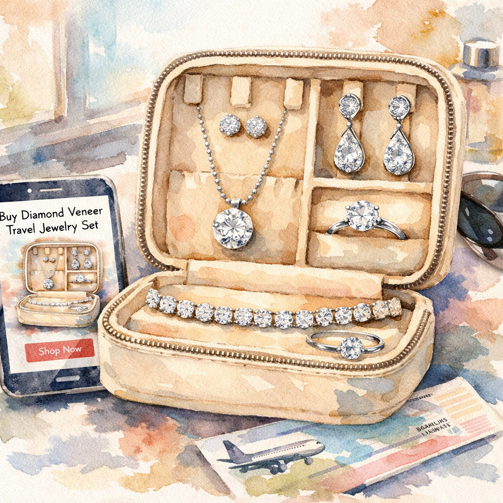 A photorealistic image related to buy-diamond-veneer-travel-jewelry-set-online. Alt: buy-diamond-veneer-travel-jewelry-set-online