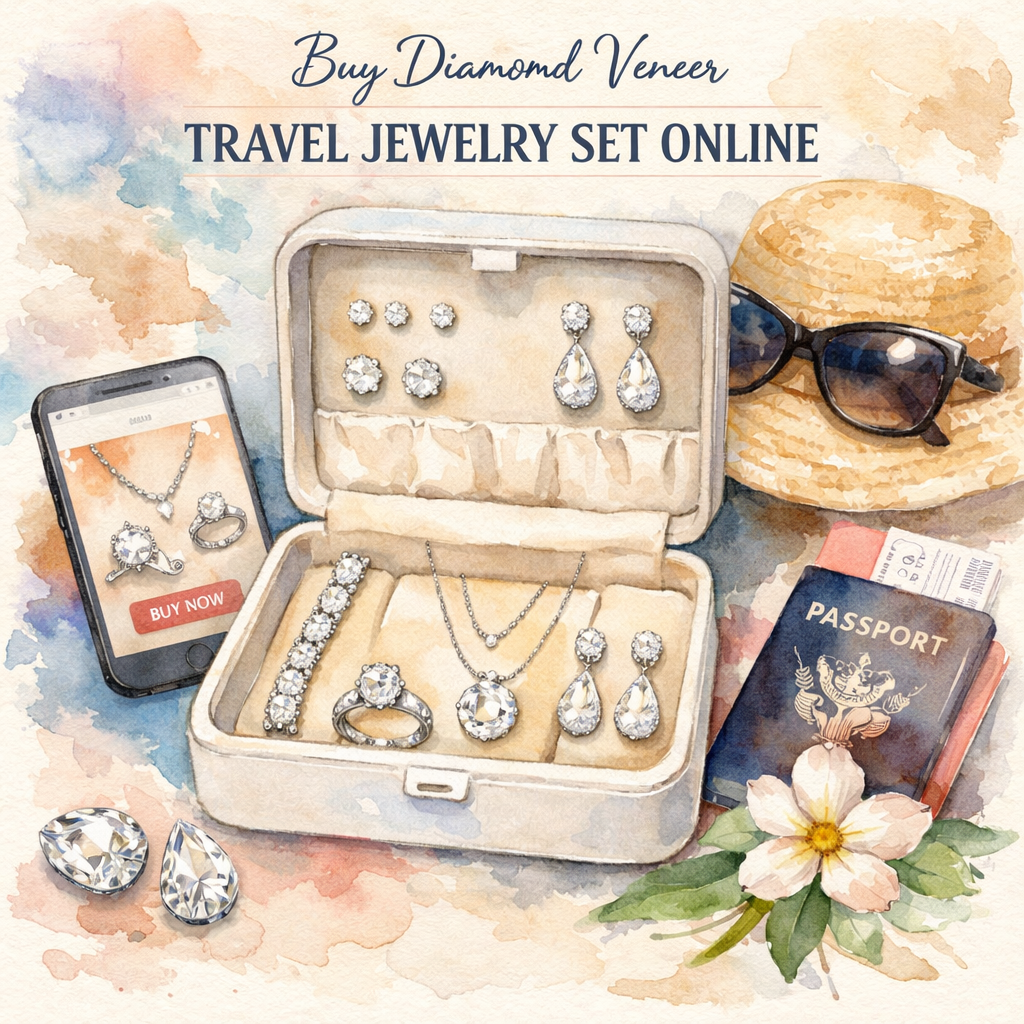 A photorealistic image related to buy-diamond-veneer-travel-jewelry-set-online. Alt: buy-diamond-veneer-travel-jewelry-set-online