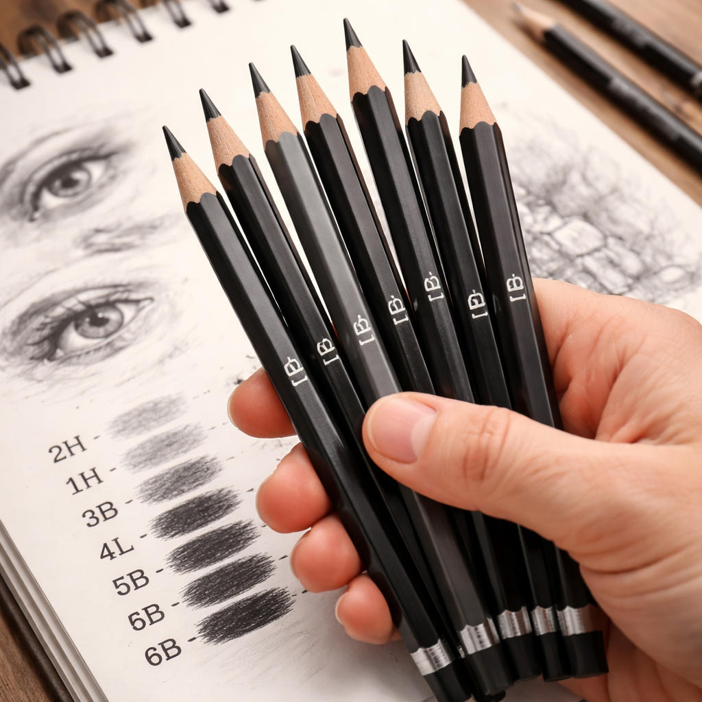 A realistic close‑up of a hand holding a variety of graphite pencils ranging from 2H to 6B, laid on a sketchbook page. Alt: range of pencil grades for sketching