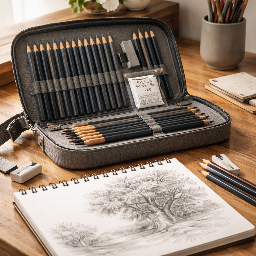 A realistic scene of a tidy artist’s desk with a pencil case, a sketchbook, and a small silica packet keeping pencils dry. Alt: proper storage for drawing pencils