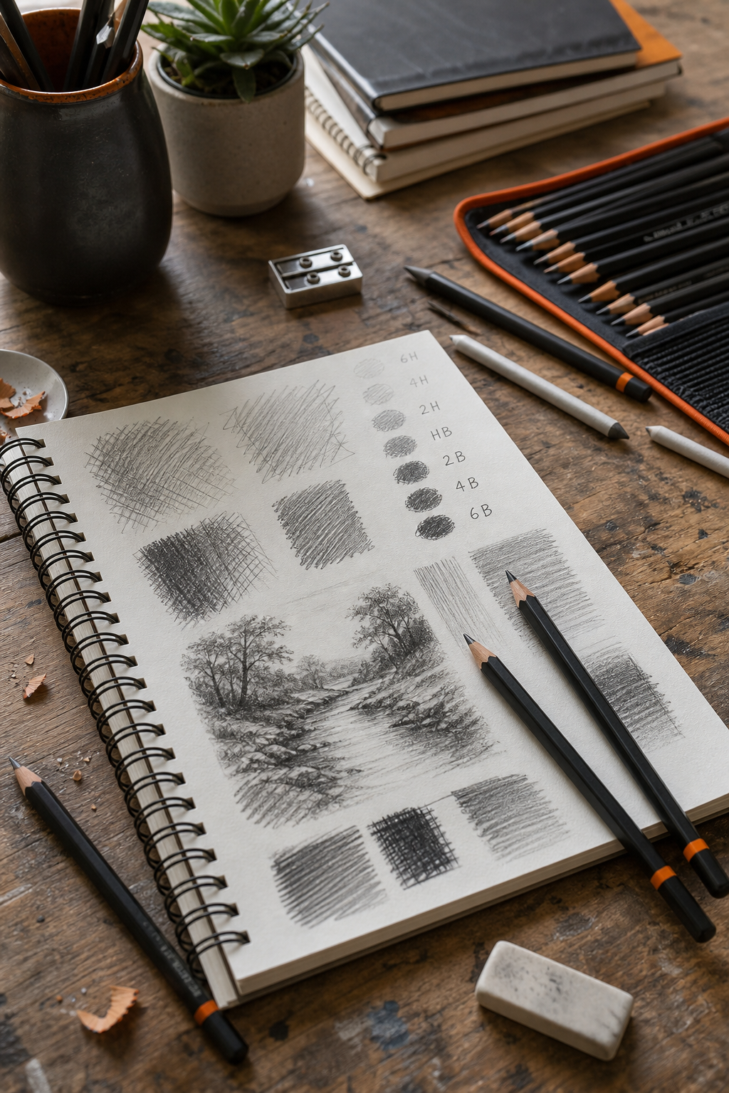 A photorealistic scene of an artist's workspace with a sketchbook, various pencil strokes on paper showing different shading techniques, and a few loose graphite pencils on a wooden table. Alt: Artist testing drawing pencils on sketch paper to determine style needs.