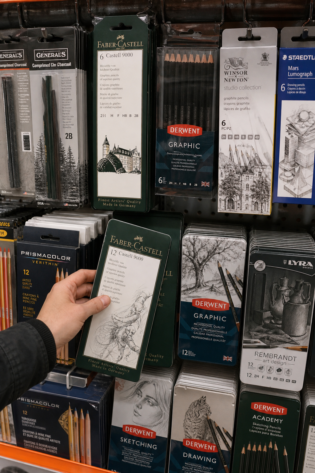 A realistic close-up of a shelf displaying different art supply brands with packaging from several well-known names, with a customer's hand picking one. Alt: Customer researching drawing pencil brands in an art supply store shelf.