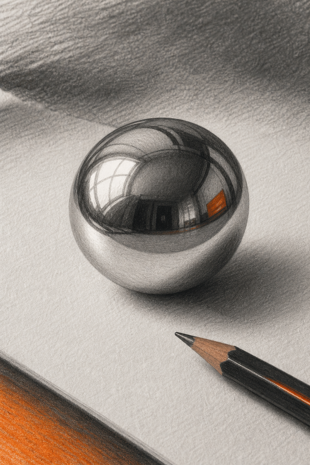 A close-up of a realistic pencil drawing of a chrome sphere, showing sharp highlights and smooth gradients. The drawing is on textured paper with a pencil resting nearby. Alt: Realistic metal sphere pencil drawing with chrome effect and shading.