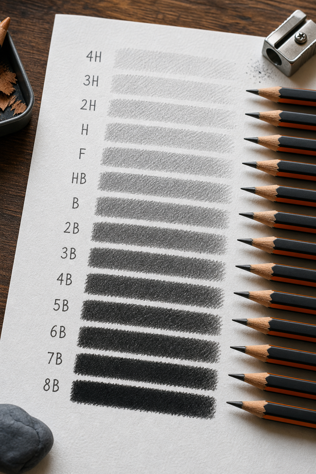 A side-by-side comparison of pencil strokes from 4H to 8B on white paper, showing the progression from light to dark. The strokes are labeled with grades. Alt: Pencil grade scale from 4H to 8B showing different darkness levels for shading metal.