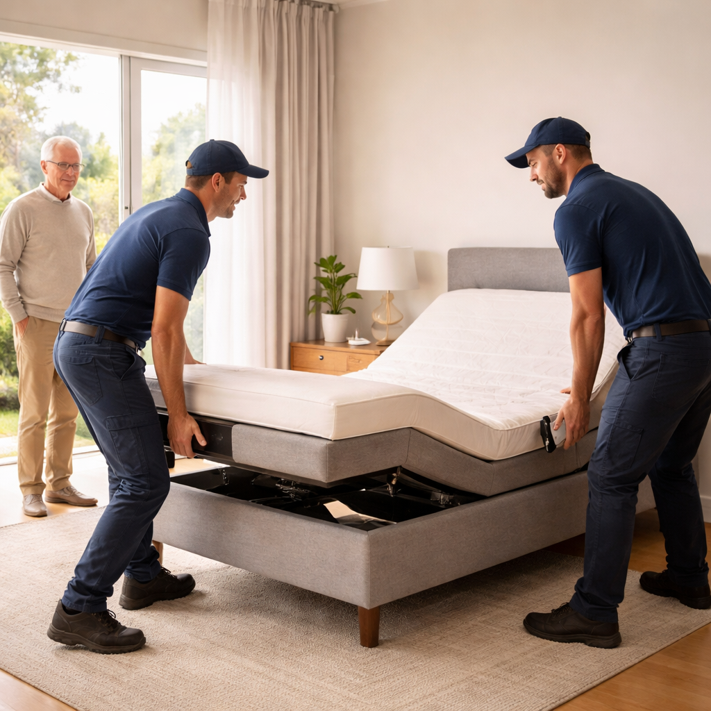 A photorealistic scene of a delivery team carefully carrying an electric adjustable bed into a modern Australian bedroom, showing a calm older adult watching, with soft natural light streaming through a window. Alt: Delivery and setup of electric adjustable bed in Australia