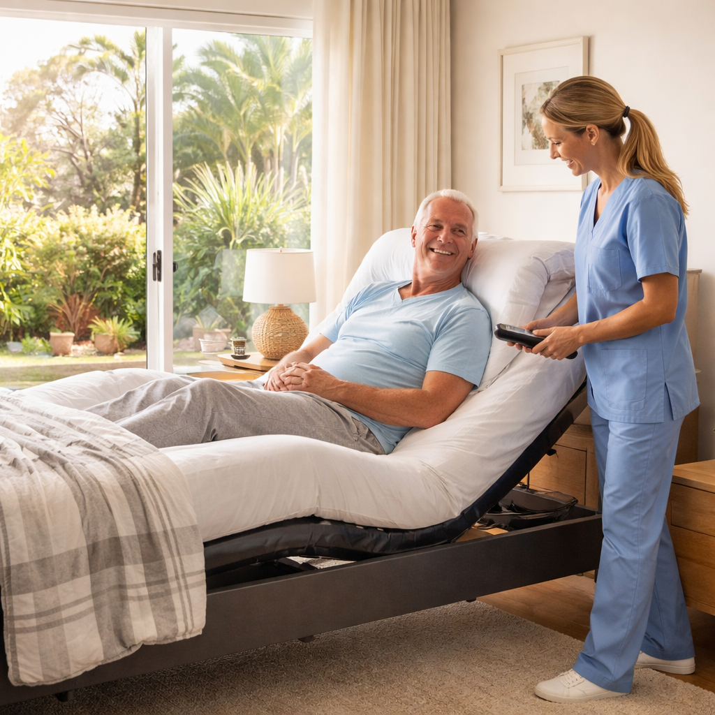 A photorealistic scene of a happy older adult and a caregiver testing the head‑up position of an electric adjustable bed in a bright Australian bedroom, soft natural light, realistic style. Alt: Confidently buying electric adjustable bed australia