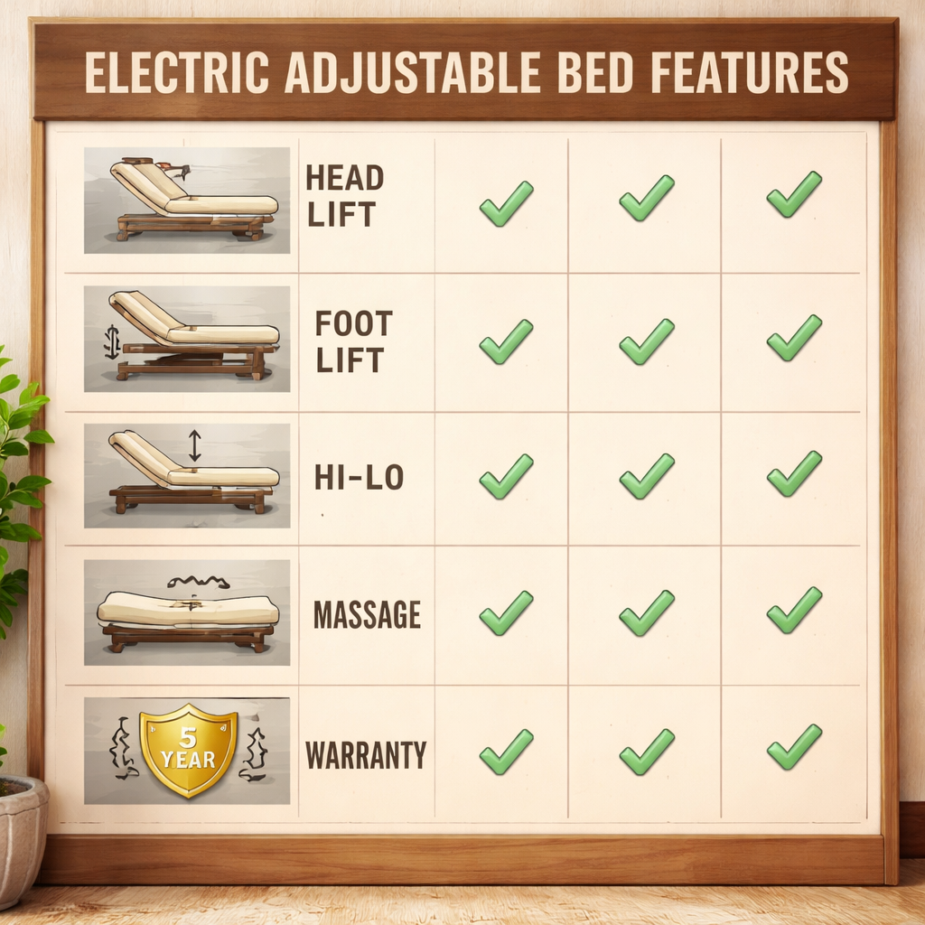 A realistic illustration of a side‑by‑side comparison chart showing different electric adjustable bed features, with icons for head lift, foot lift, hi‑lo, massage, and warranty. Alt: comparison of electric adjustable bed specs