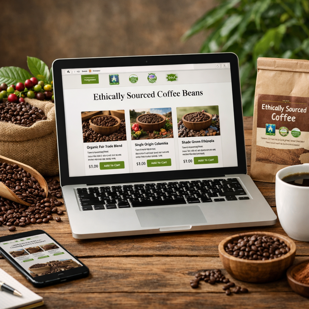 A photorealistic image related to buy-ethically-sourced-coffee-beans-online. Alt: buy-ethically-sourced-coffee-beans-online