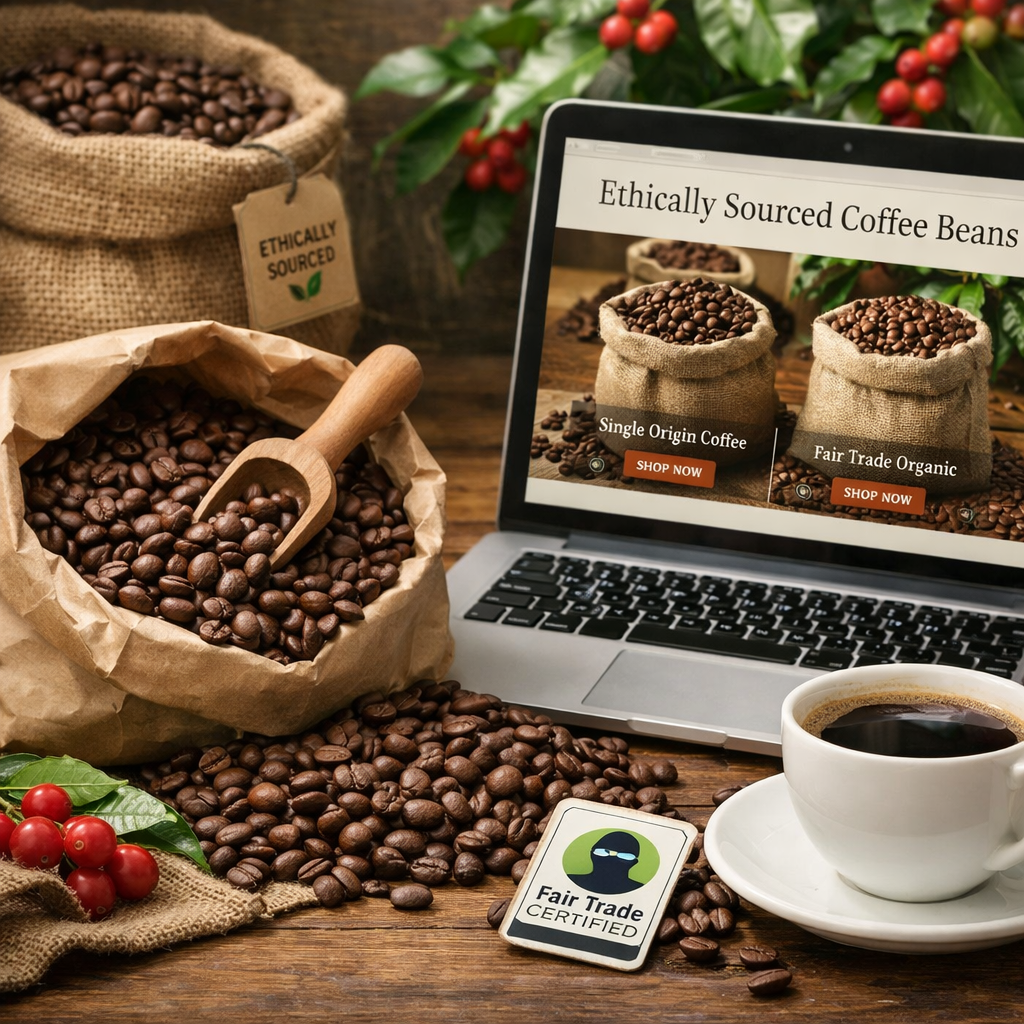 A photorealistic image related to buy-ethically-sourced-coffee-beans-online. Alt: buy-ethically-sourced-coffee-beans-online