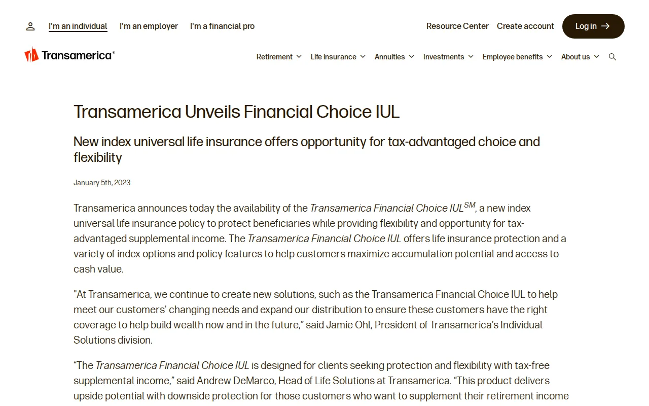 Screenshot of the Transamerica website