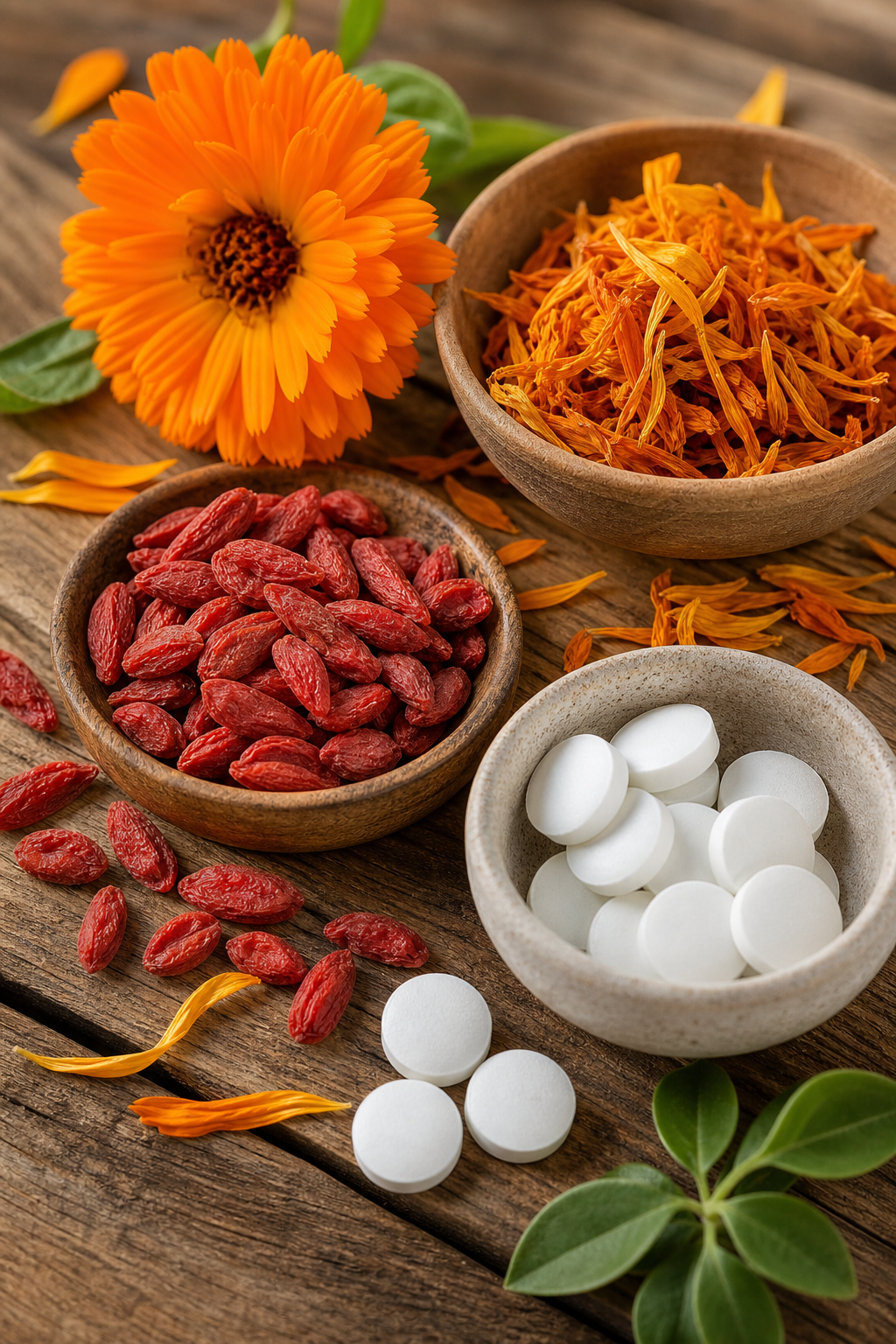 A photorealistic close-up of natural ingredients: marigold petals, goji berries, and zinc tablets on a rustic wooden surface, soft natural lighting. Alt: Natural ingredients for eye health gummies.
