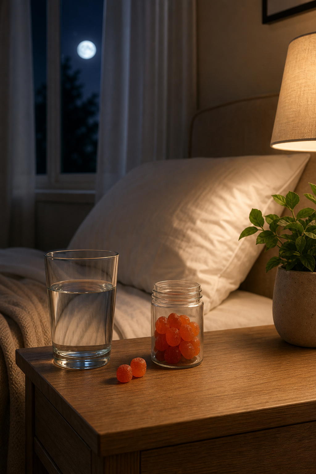 A cozy bedroom scene with a glass of water, a small jar of gummy supplements on a nightstand, soft moonlight coming through curtains. Alt: Gummy supplements for eye health placed on a nightstand for bedtime routine.