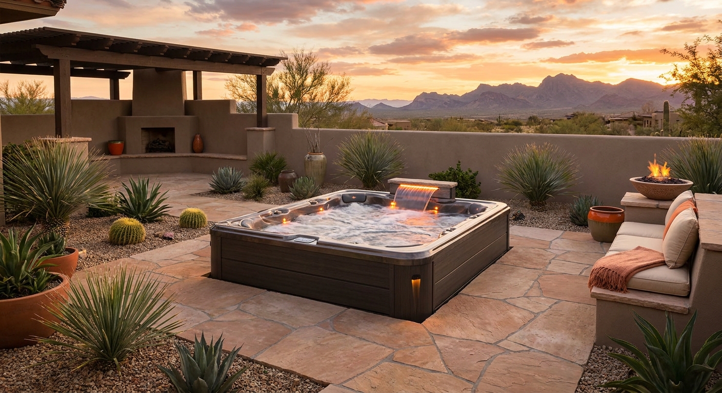 A photorealistic desert backyard at sunset with a sleek, modern hot tub surrounded by stone pavers and low desert foliage, showing a peaceful oasis vibe. Alt: luxury desert hot tub installation