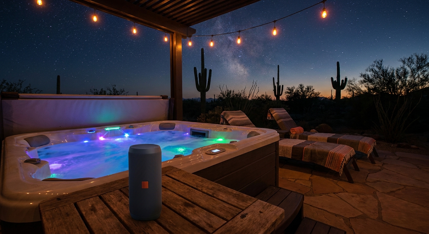 A vibrant night‑time desert patio with a hot tub glowing in multicolored LED lights, a Bluetooth speaker nearby, and a starry sky above. Alt: customizable LED hot tub
