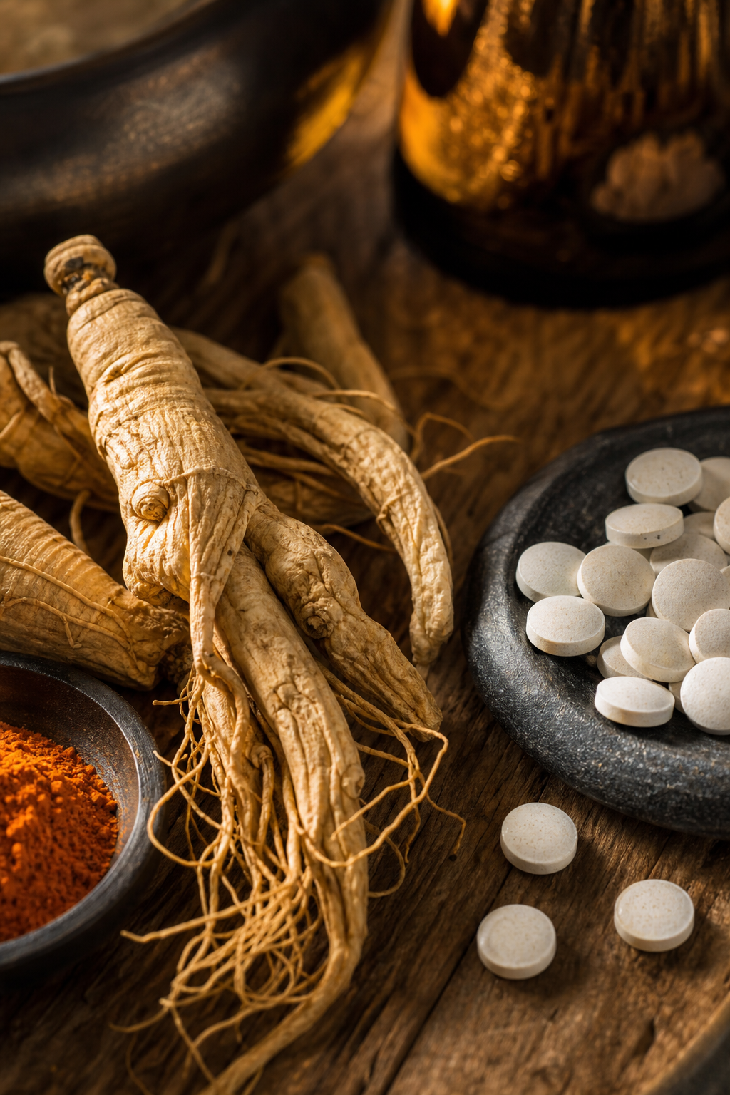 A photorealistic close-up image of natural supplement ingredients like ginseng root and zinc tablets on a wooden surface. Alt: close‑up of natural ingredients