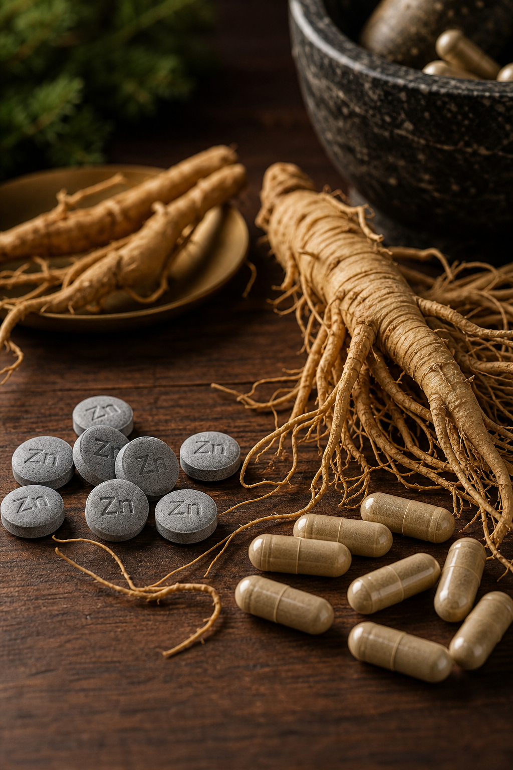 A photorealistic close-up of natural supplement ingredients like ginseng root, maca powder, and L-citrulline capsules arranged on a wooden surface with soft natural lighting. Alt: Natural ingredients for male libido supplements including ginseng and maca.