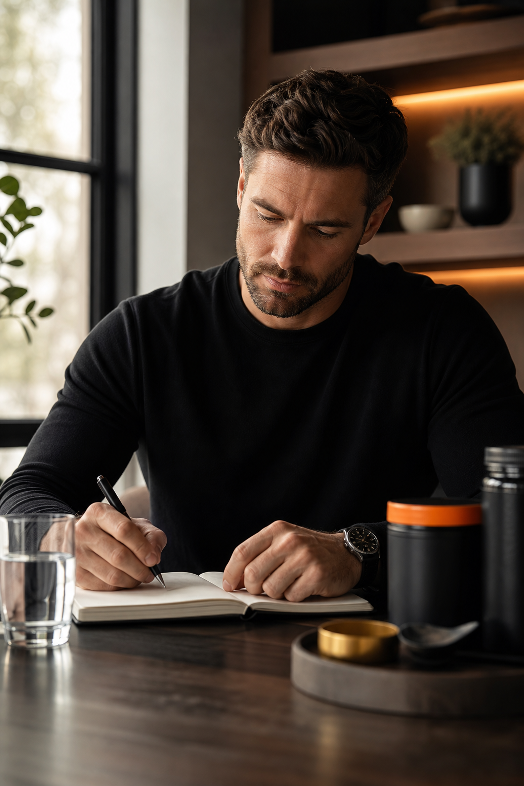A man writing notes at a desk with a focused expression, beside a glass of water and a notebook, warm natural lighting from a window. Alt: man planning which male performance supplement to buy for his specific health goal.