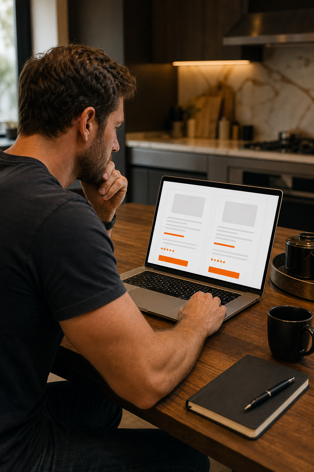 A man comparing two websites on a laptop screen at a kitchen table, looking focused and analytical, with warm indoor lighting. Alt: man researching legitimate male performance supplement discounts online before buying.