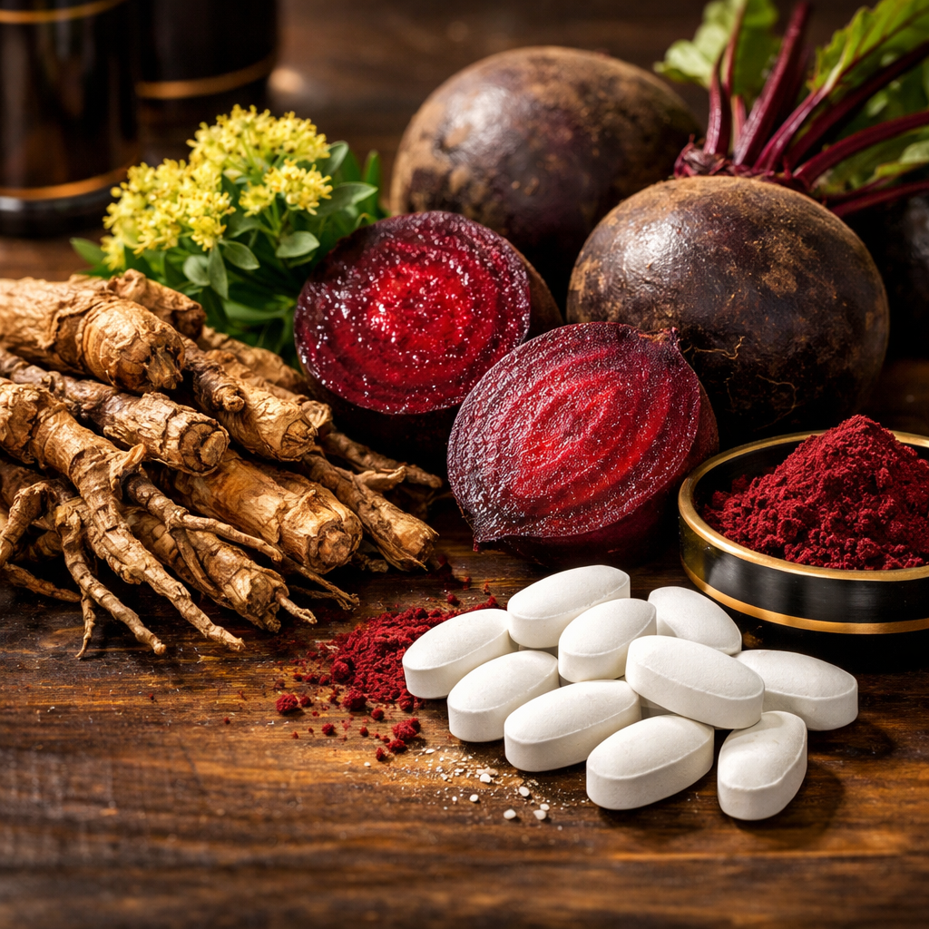 A photorealistic close‑up of natural supplement ingredients like rhodiola root, beetroot, and citrulline tablets on a wooden surface. Alt: natural stamina supplement ingredients.