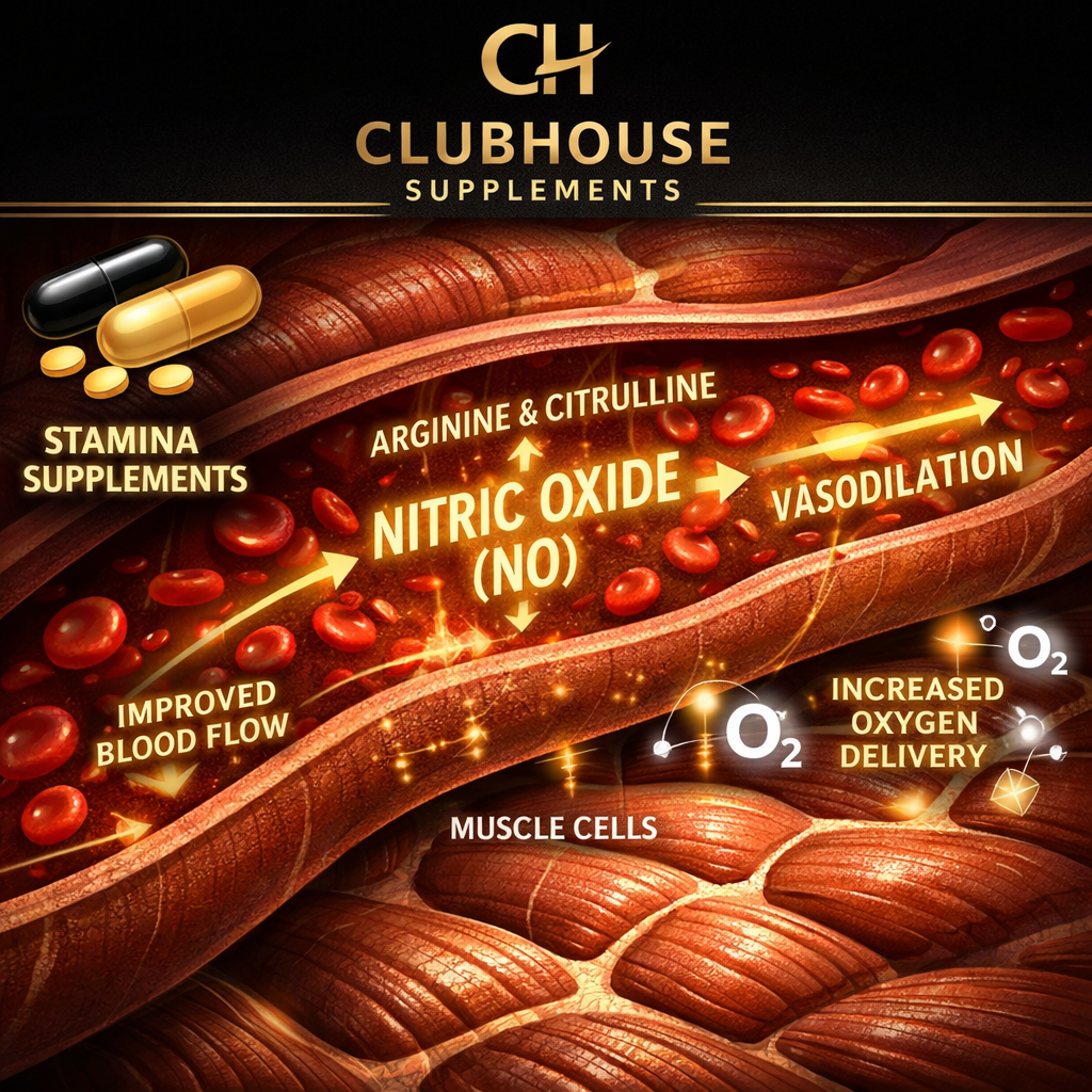 A realistic illustration of a bloodstream with highlighted nitric‑oxide pathways and muscle cells, showing how stamina supplements support circulation. Alt: stamina supplement mechanism illustration.