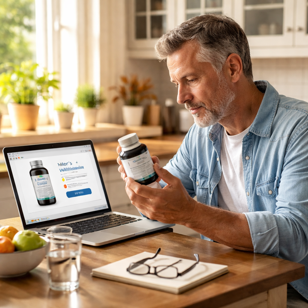 A photorealistic scene of a 55‑year‑old man sitting at a kitchen table, laptop open to a supplement page, hand holding a multivitamin bottle, sunlight streaming in. Alt: Buying men's multivitamin for 55 year old online, checking label.