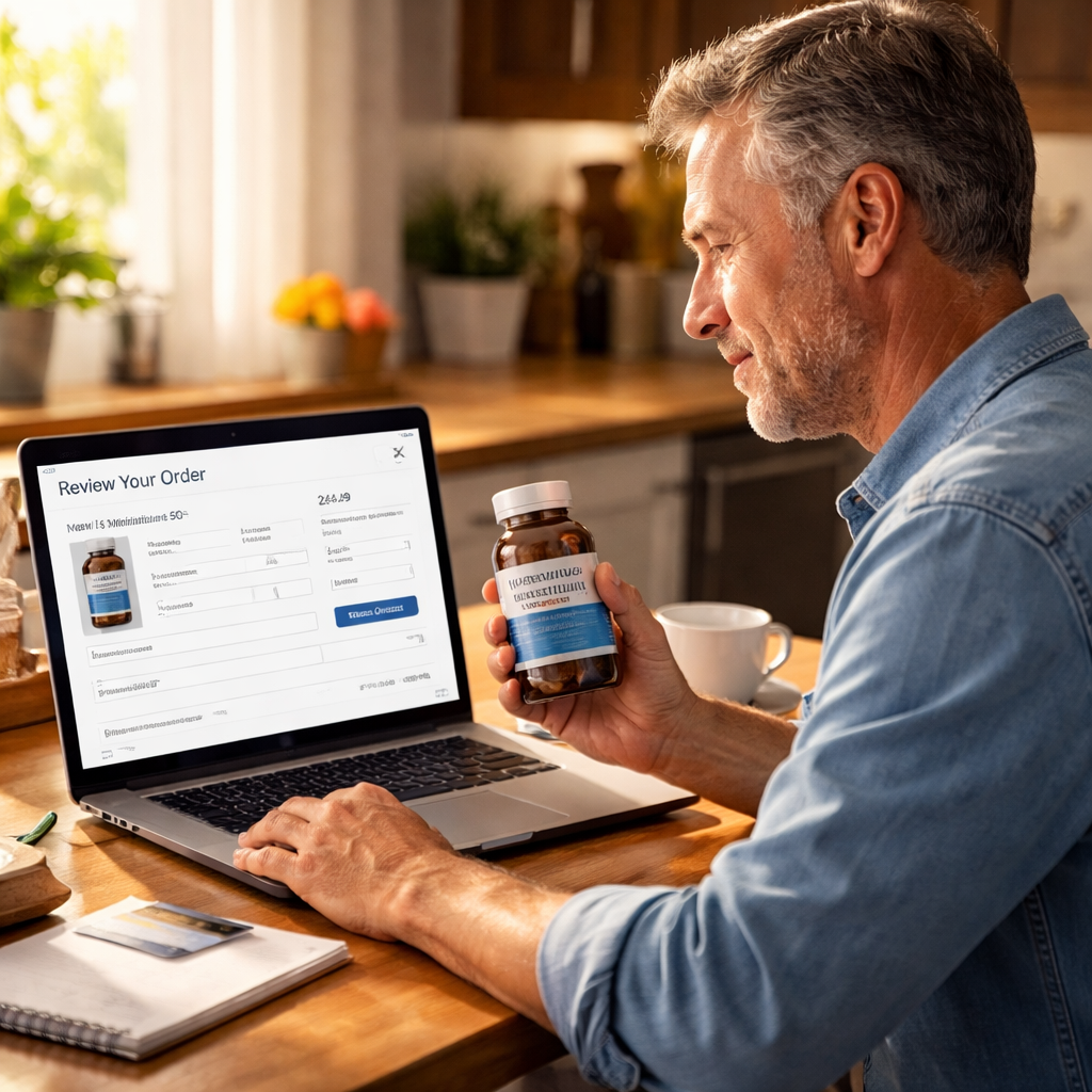A photorealistic scene of a middle‑aged man at his kitchen table, laptop open to a supplement checkout page, hand holding a multivitamin bottle, sunlight streaming in. Alt: Buying men's multivitamin for 55 year old online, final checkout.