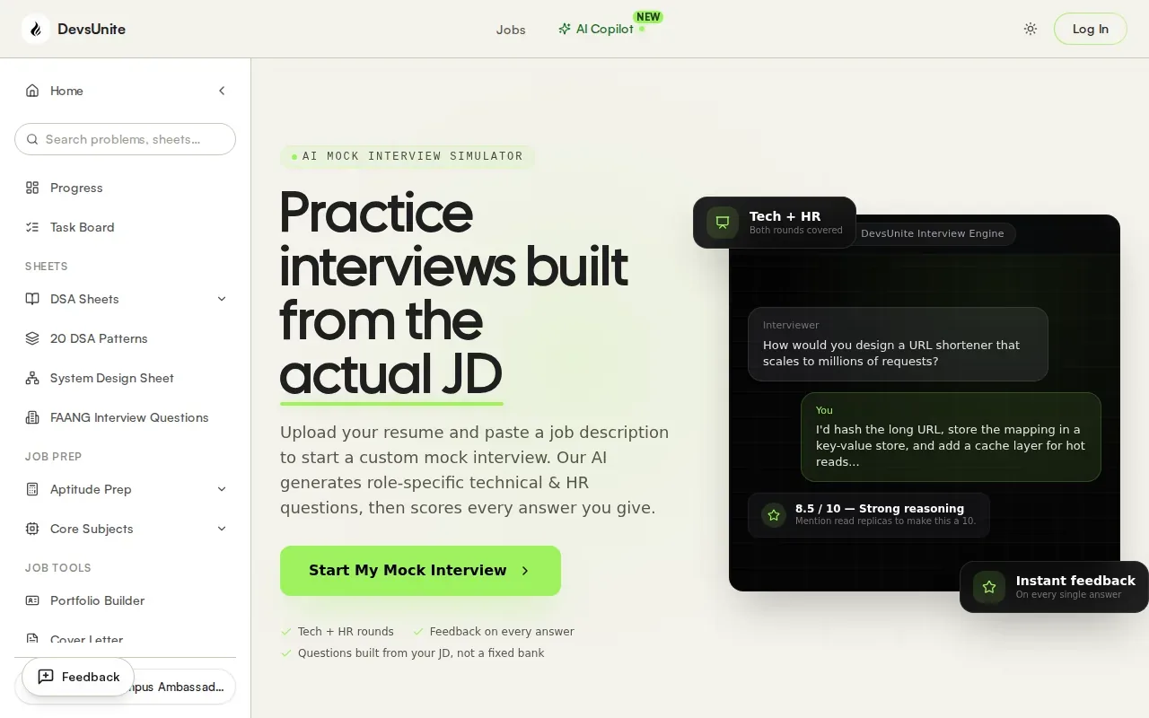 Screenshot of the AI Mock Interview Simulator by DevsUnite website