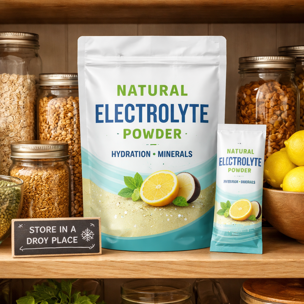 A photorealistic illustration of a dry pantry shelf with a sealed stand‑up pouch and a single‑serve packet, highlighting cool, dry storage. Alt: proper storage for natural electrolyte powder