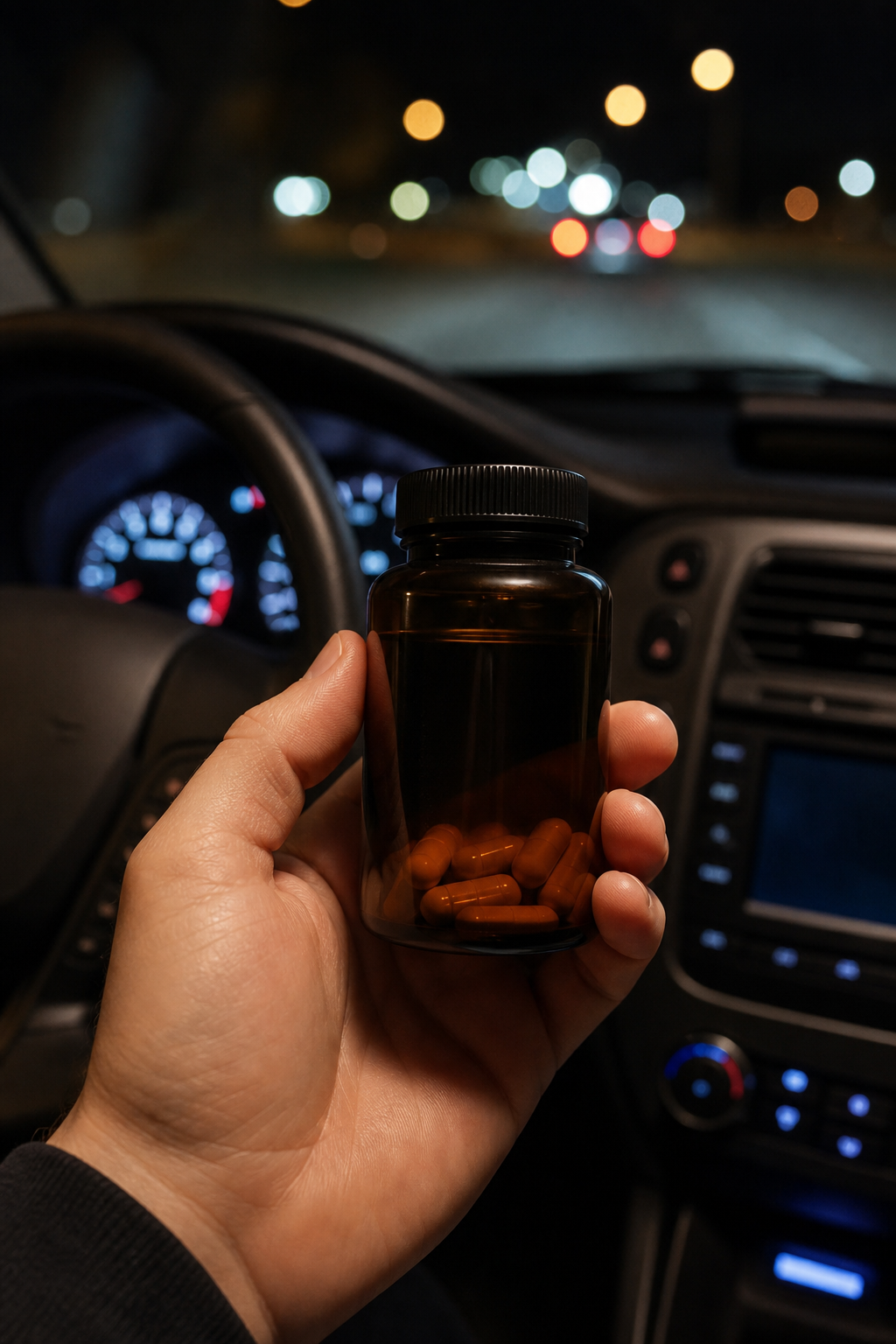 A photorealistic close-up of a hand holding a small supplement bottle in a car at night, with dashboard lights glowing softly in the background. Alt: Natural Daily Insights - Clarity Edition supplement for night driving.