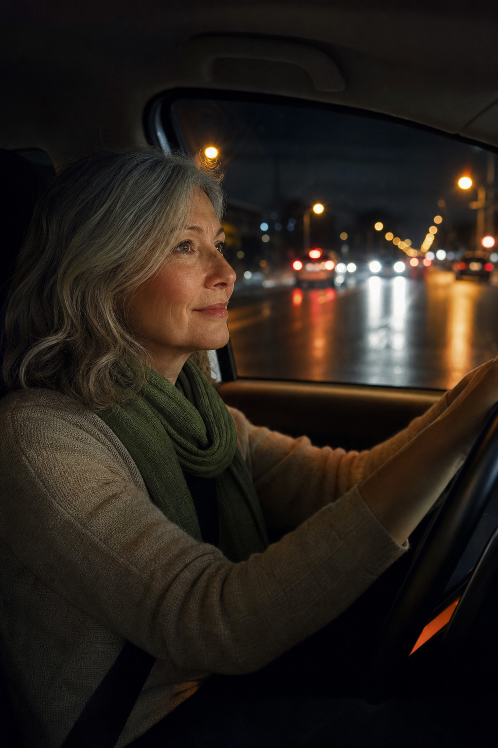 A photorealistic image of a person sitting in a car at night, with a gentle reflection of streetlights, symbolizing improved night vision. Alt: Clinically studied AREDS2 formula supplement for age-related vision support.