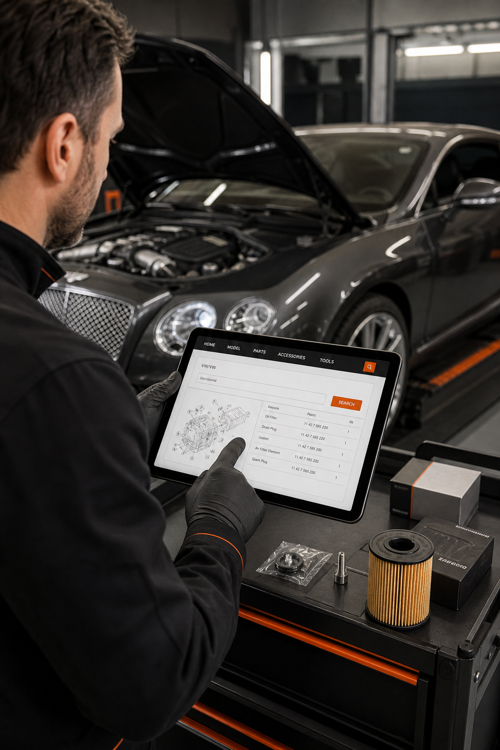 A photorealistic image of a luxury car in a professional garage, with a technician using a tablet to search for parts online, showing the official dealer parts website. Alt: Technician using VIN to find OEM luxury car parts for repair.