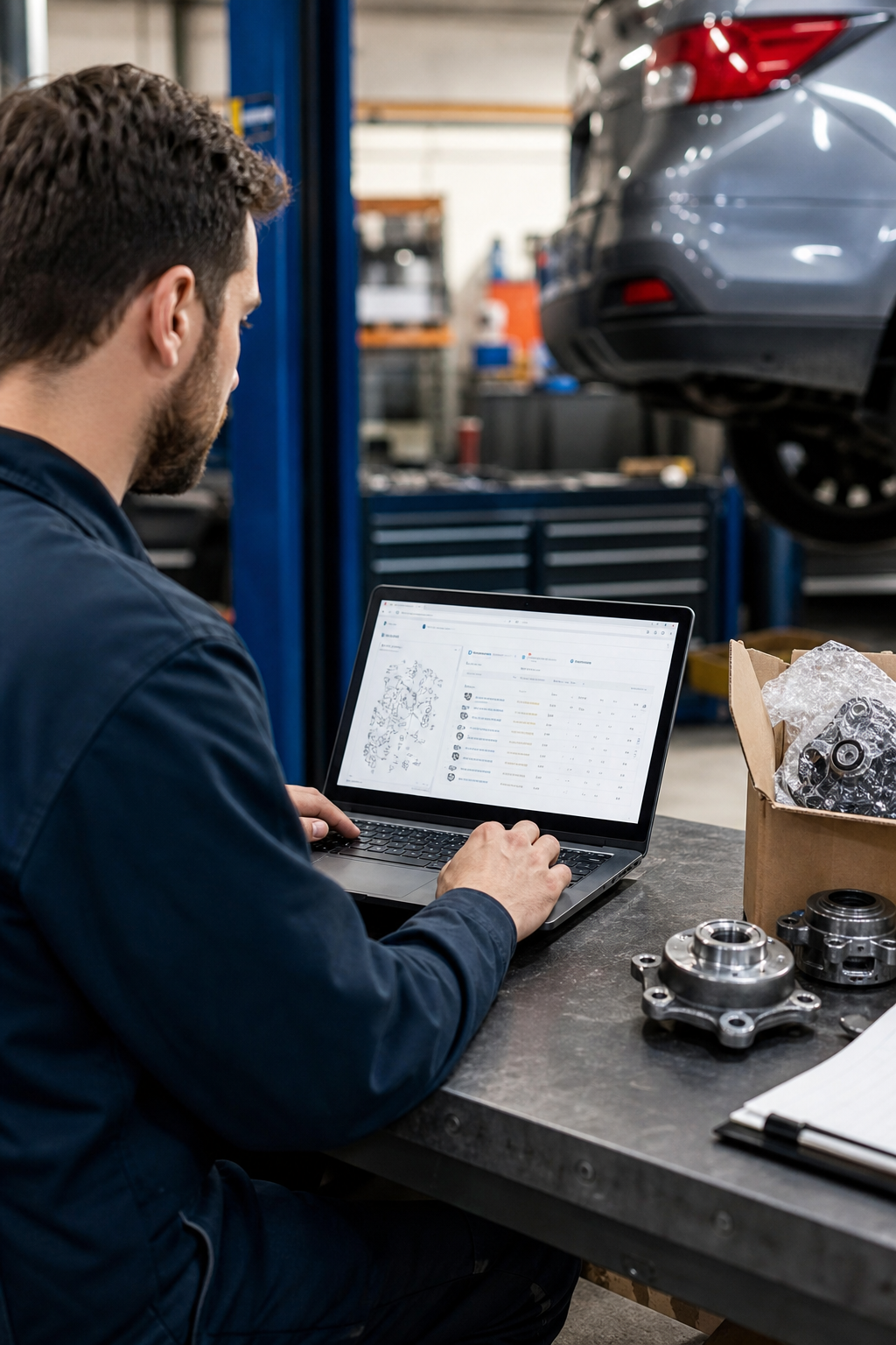 Mechanic using an online VIN lookup to order genuine OEM parts