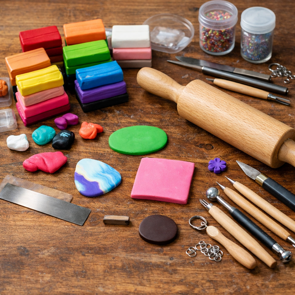 A realistic close‑up of a craft table with polymer clay, tools, and a rolling pin spread out on wood. Alt: polymer clay crafting workspace with tools and materials