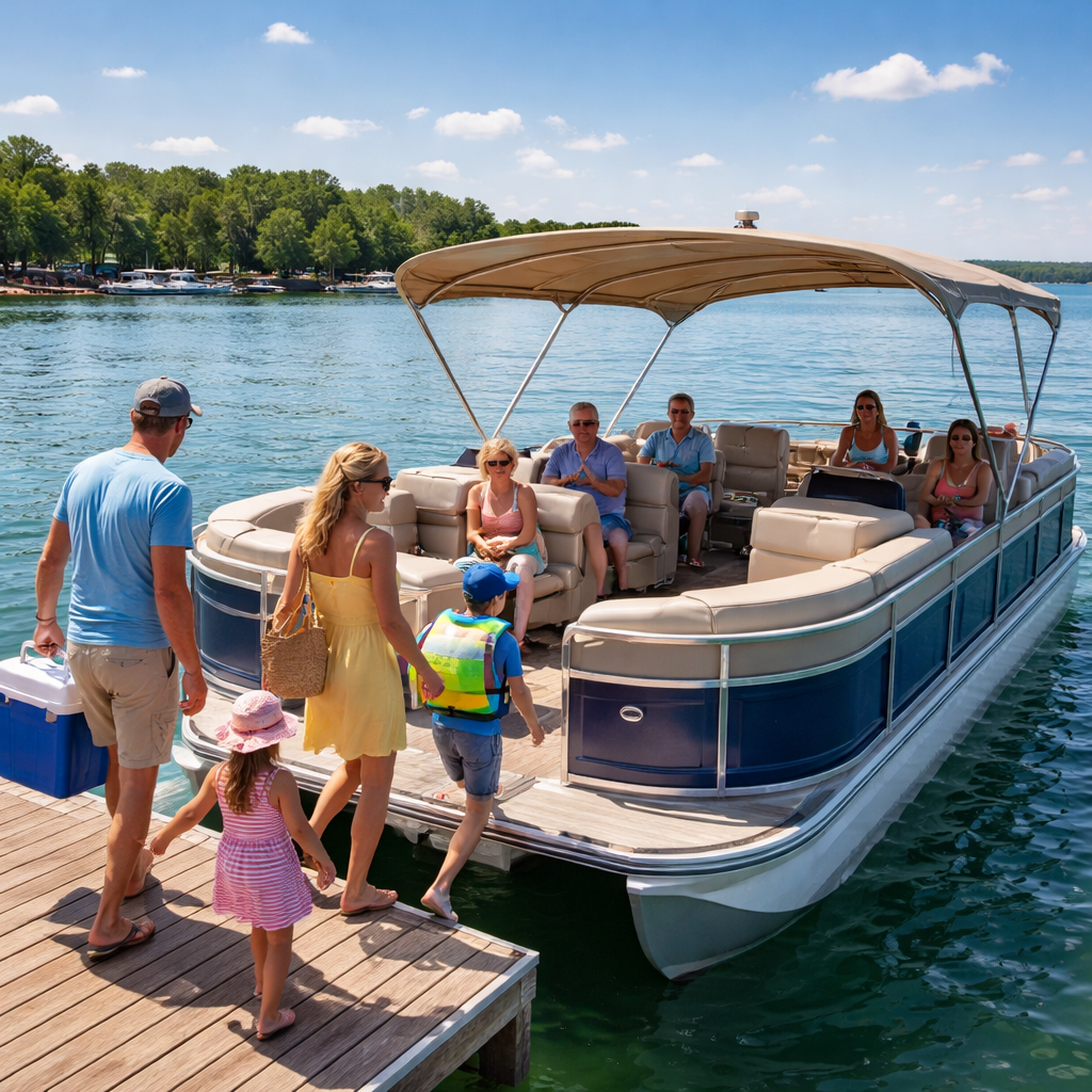 A photorealistic scene of a family boarding a spacious pontoon boat on Lake Texoma, showing ample deck space and passengers, captured in bright daylight, realistic style.