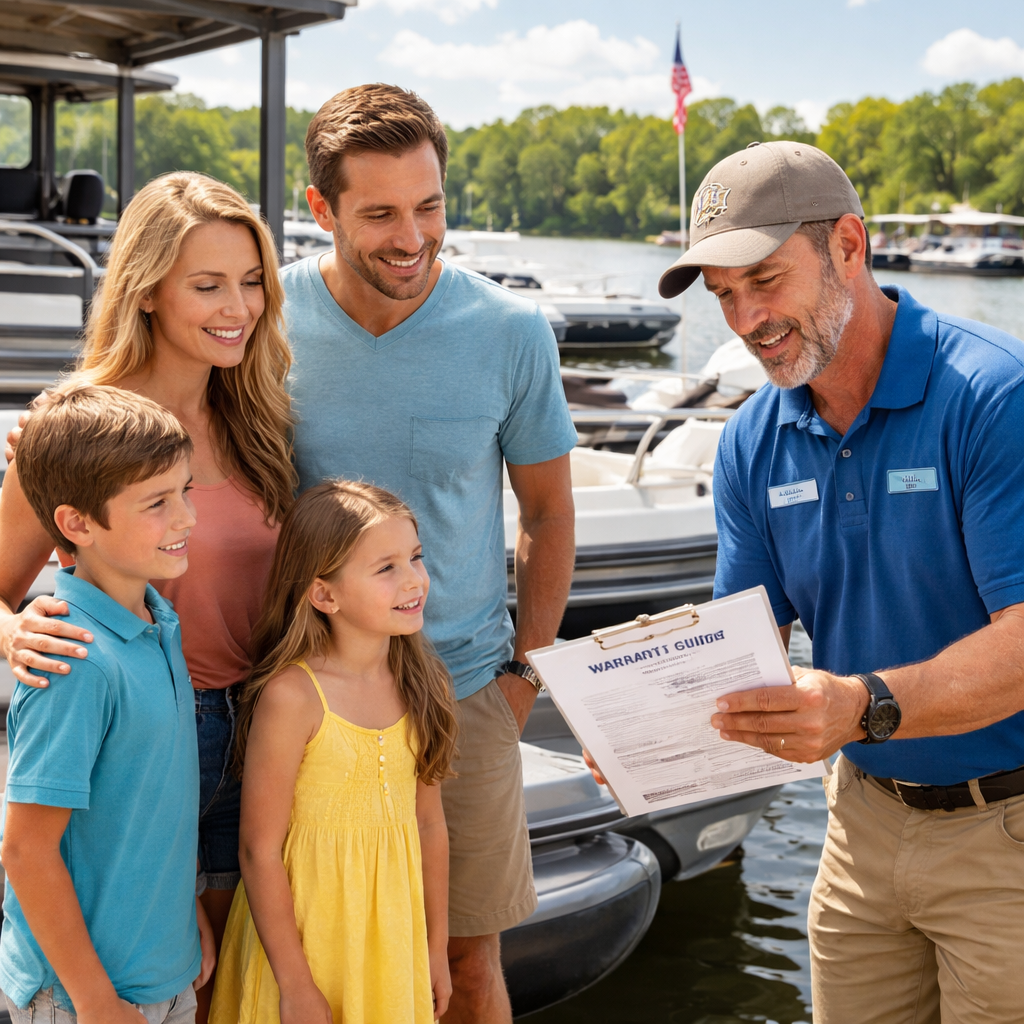 A photorealistic scene of a family inspecting a new pontoon boat with a dealer at a waterfront showroom in Oklahoma, showing the dealer explaining warranty paperwork. Alt: Buying pontoon boat OK dealer reputation warranty guide