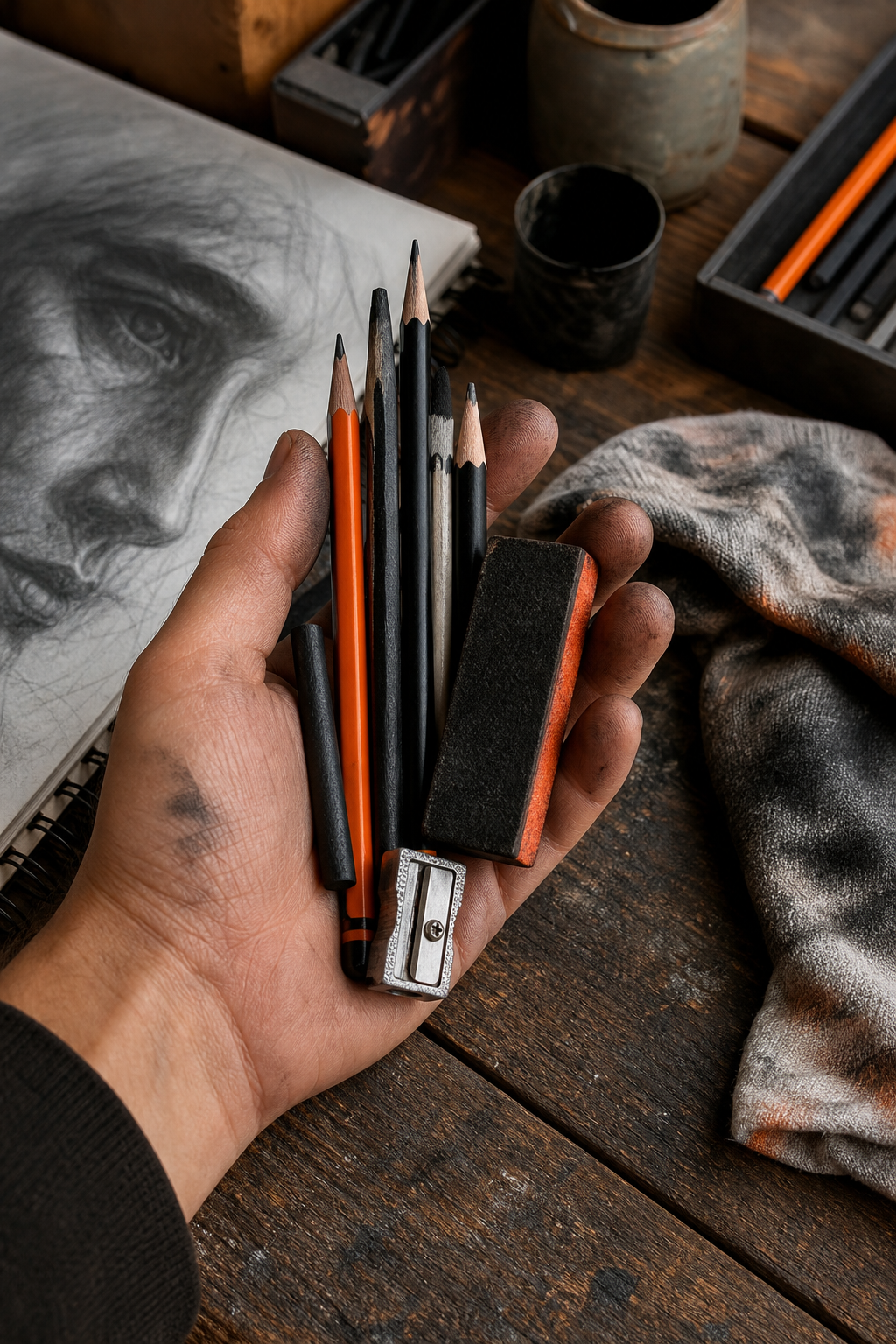 A realistic studio scene showing an artist’s hand holding a mixed set of graphite and charcoal pencils, a sandpaper block, and a metal sharpener on a wooden desk, natural lighting, detailed textures