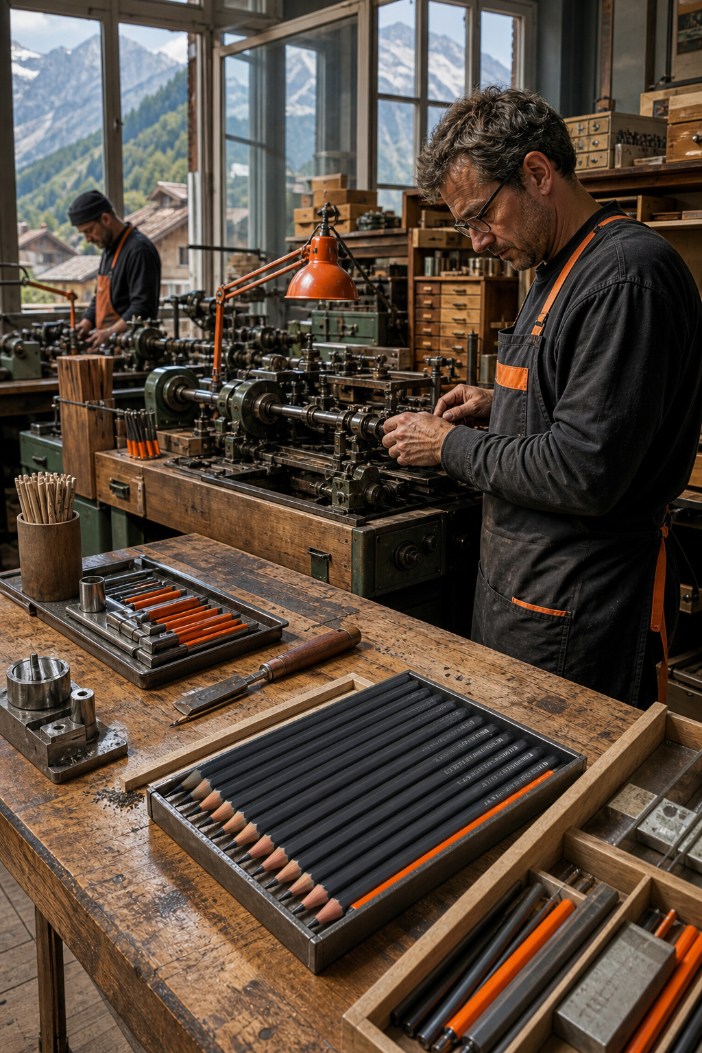 A realistic illustration of a Swiss workshop where artisans craft graphite pencils, showing wooden shafts, metal casings, and a finished set of pencils laid out on a workbench, natural daylight