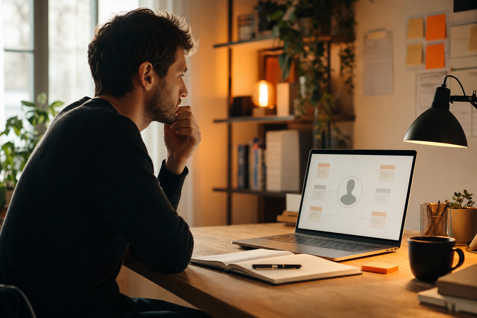 Cinematic editorial shot of a bootstrapped SaaS founder sitting at a minimal desk with a notebook open and a laptop screen showing a customer persona diagram, warm orange accent light, natural window light in the background. Alt: SaaS founder defining target audience before buying podcast ad spots.