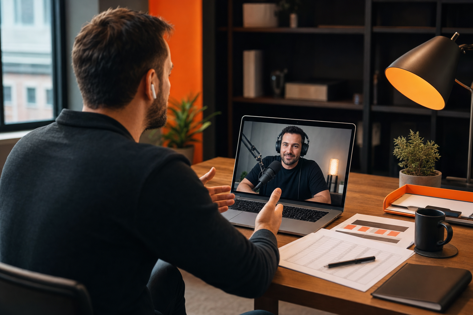 Cinematic wide shot of a SaaS founder on a video call with a podcast host, laptop open to a media kit and a spreadsheet, warm office light with branded orange accents on a desk. Alt: SaaS founder negotiating podcast ad spots directly with a host via video call.