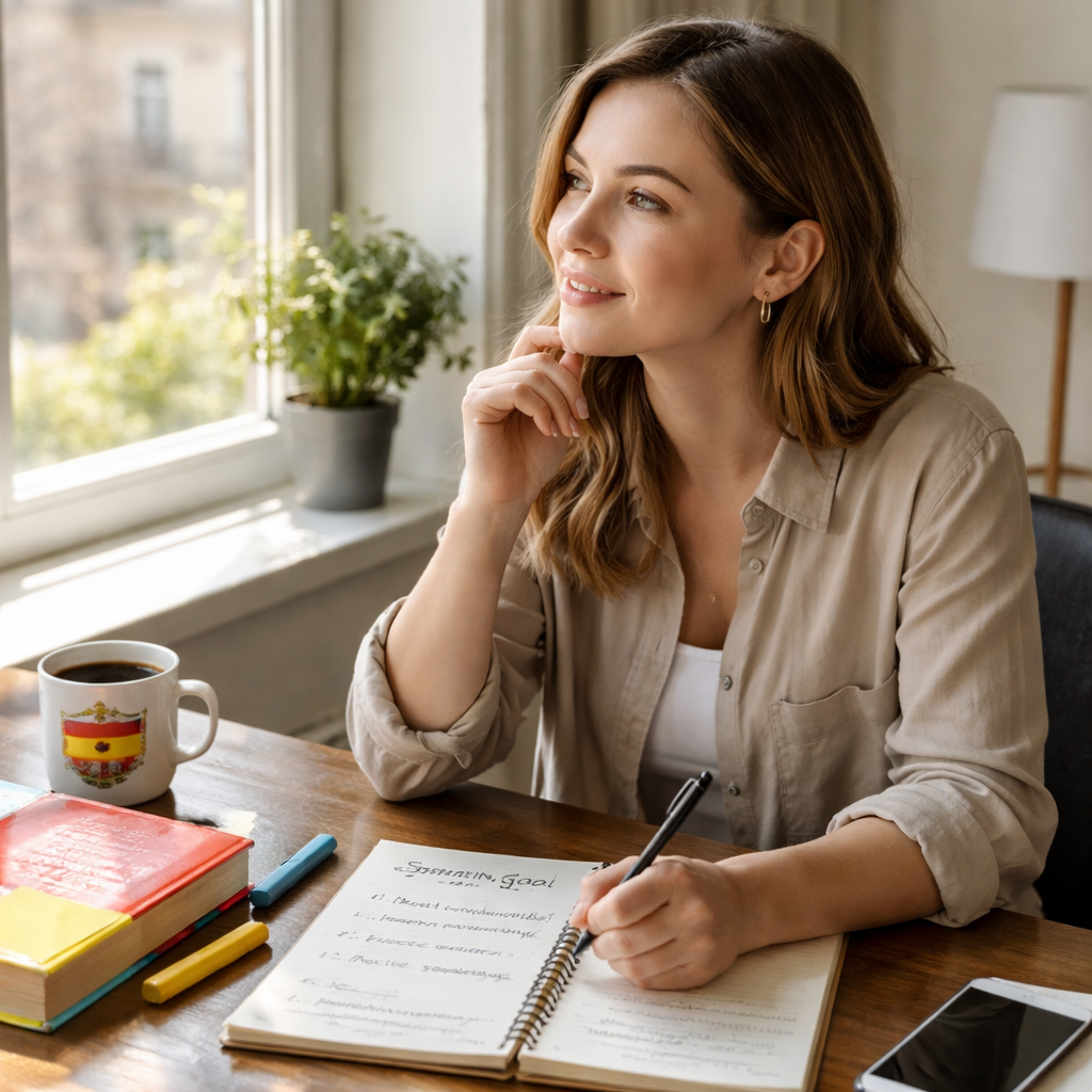 A photorealistic image of a person sitting at a desk with a notebook and pen, writing down their Spanish learning goals while looking thoughtfully out a window. Alt: person planning Spanish learning goals and assessing current level