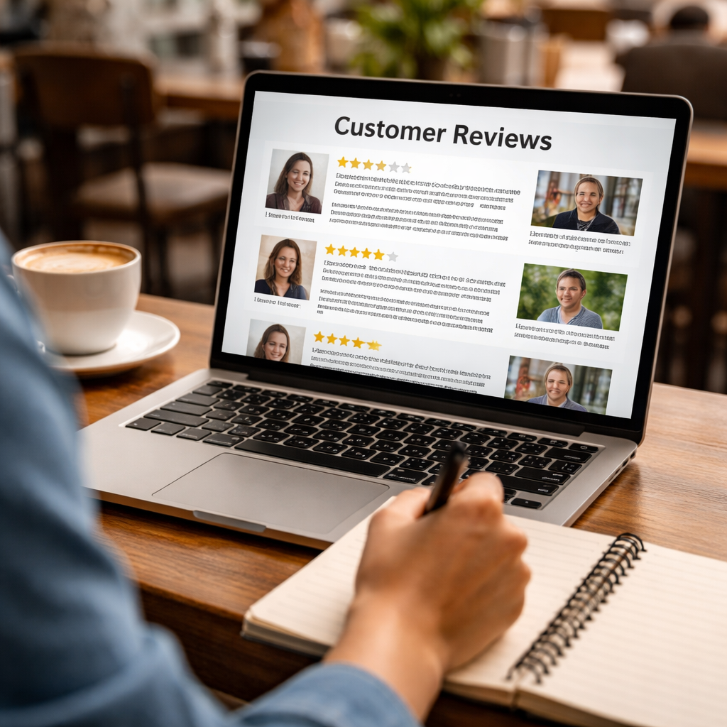 A photorealistic image of a person reading customer reviews on a laptop screen while sitting at a coffee shop, with a notebook and coffee cup nearby for taking notes. Alt: researching Spanish audio course providers and reading reviews online
