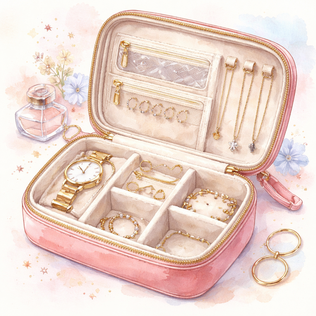 Watercolor scene of a travel jewelry organizer interior, showing velvet lining, zip pockets, and a protective outer shell. Alt: protective finish details of a travel jewelry organizer
